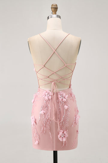Blush Bodycon Corset Sequin Homecoming Dress with 3D Flowers
